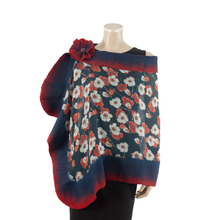 Load image into Gallery viewer, Vibrant red flowers on dark blue shawl #228-17