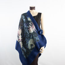 Load image into Gallery viewer, Vibrant white flowers blue shawl #228-49