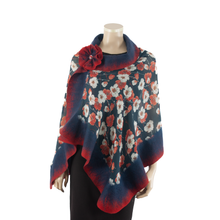 Load image into Gallery viewer, Vibrant red flowers on dark blue shawl #228-17
